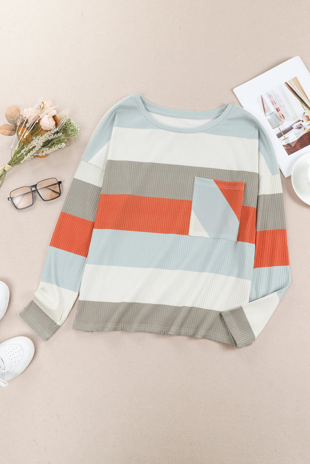 Red Striped Colorblock Ribbed Knit Top with Pocket-yoyobikini