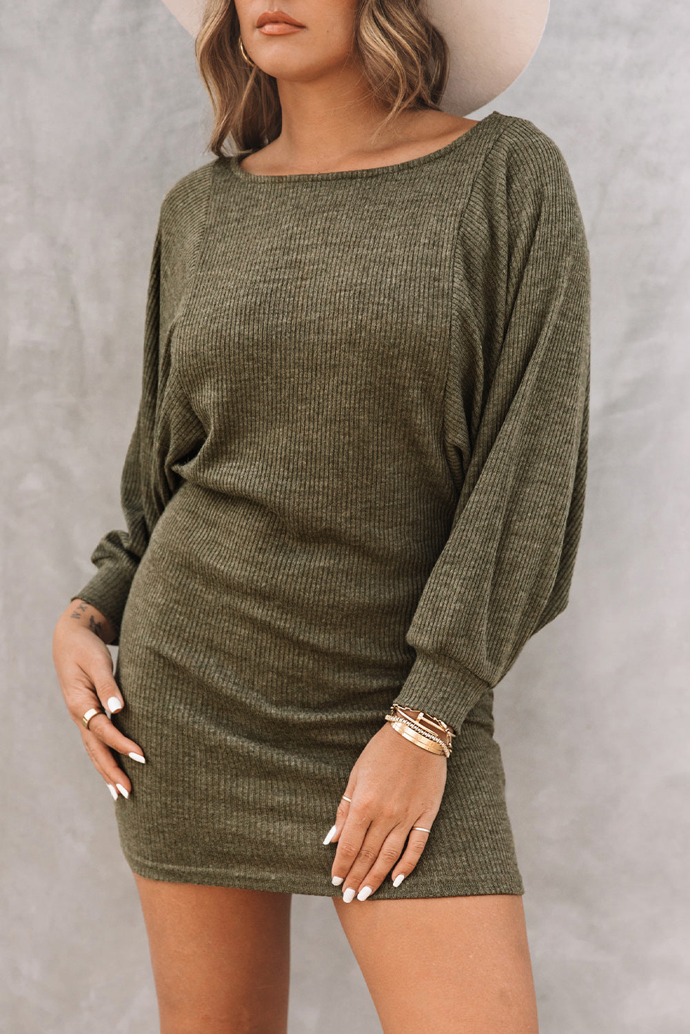 Green Batwing Sleeves Ribbed Knit Sweater Dress-yoyobikini