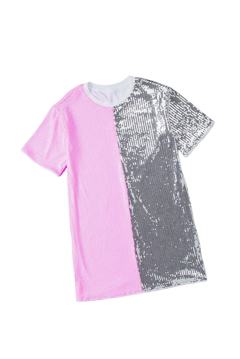 Pink Sequin Color Block Half Sleeve Shift Mini Dress-yoyobikini