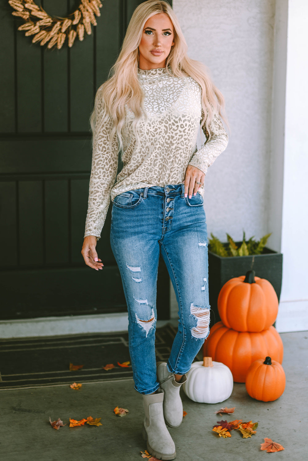 Leopard Frill High Neck Shiny Long Sleeve Top-yoyobikini