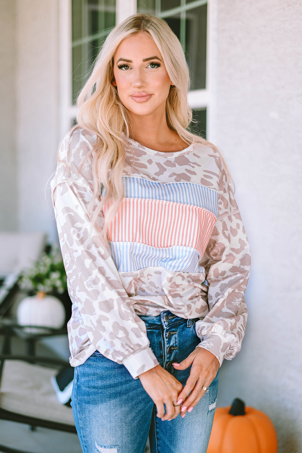 Leopard Animal Print Contrast Stripes Patchwork Puff Sleeve Knit Top-yoyobikini