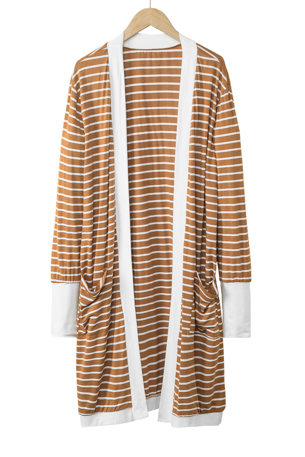 Brown Striped Side Pockets Open Front Cardigan-yoyobikini