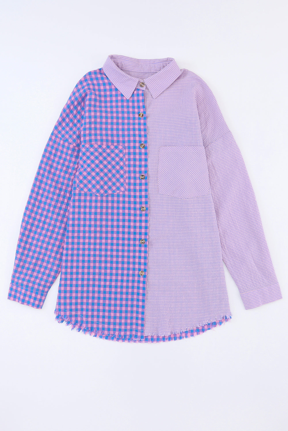 Purple Mixed Plaid Button Down Long Sleeve Chest Pocket Shirt-yoyobikini