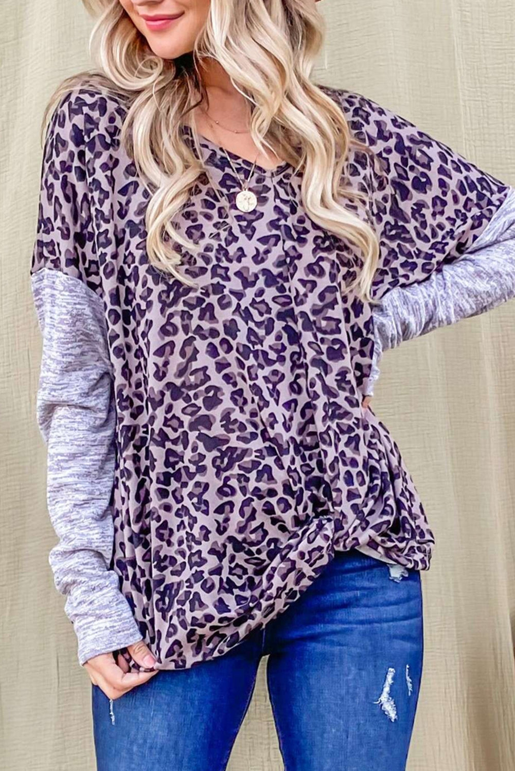 Leopard Print Drop Shoulder Patchwork Sleeve Top-yoyobikini