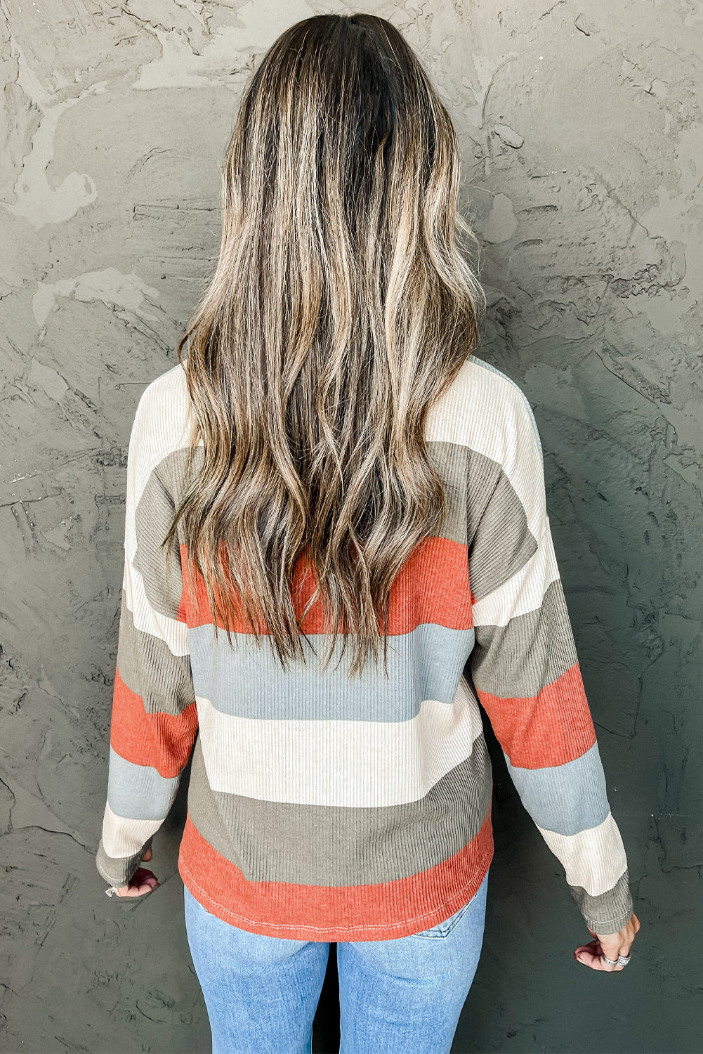 Red Striped Colorblock Ribbed Knit Top with Pocket-yoyobikini