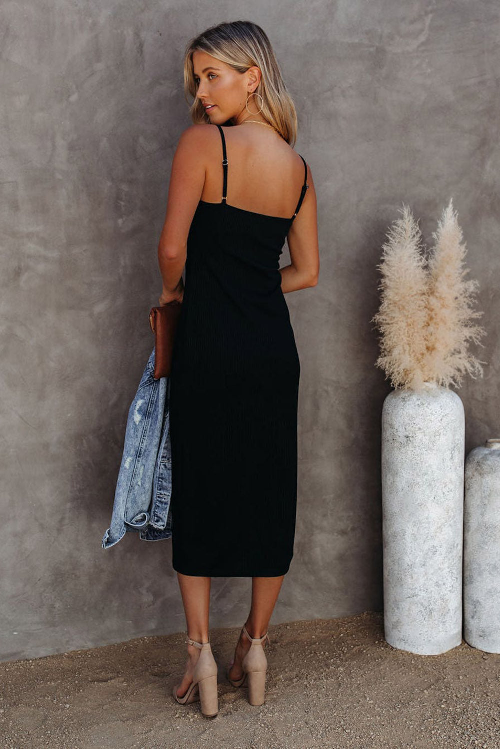 Black Buttoned Ribbed Knit Sleeveless Midi Bodycon Dress with Slit-yoyobikini