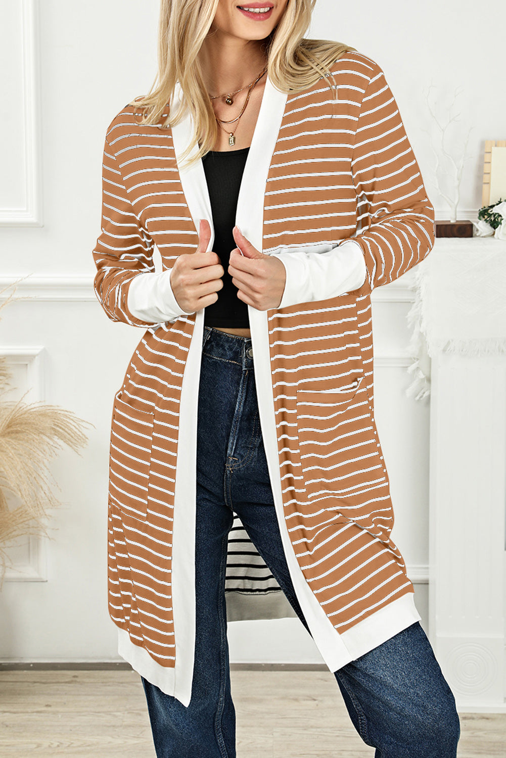 Brown Striped Side Pockets Open Front Cardigan-yoyobikini