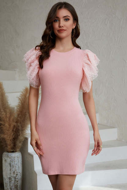 Pink Ruffle Tulle Sleeve Ribbed Knit Bodycon Dress-yoyobikini
