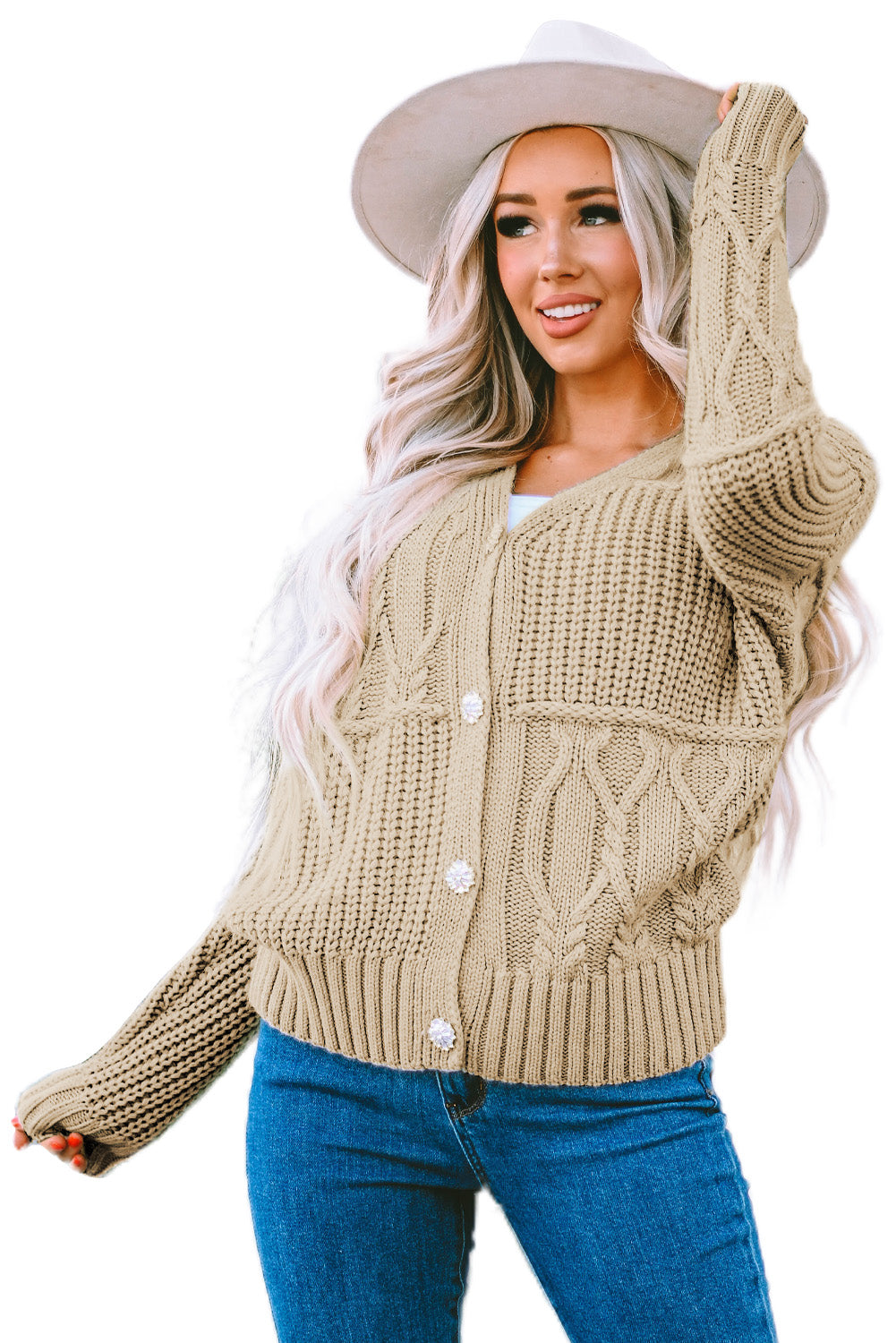 Apricot Buttons Front Patterned Texture Knit Cardigan-yoyobikini