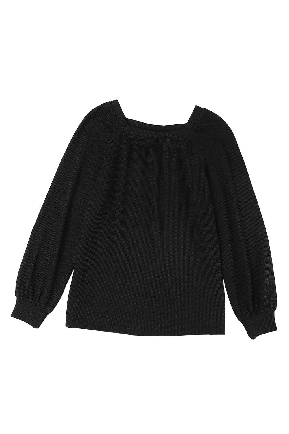 Black Scoop Neck Puff Sleeve Waffle Knit Top-yoyobikini