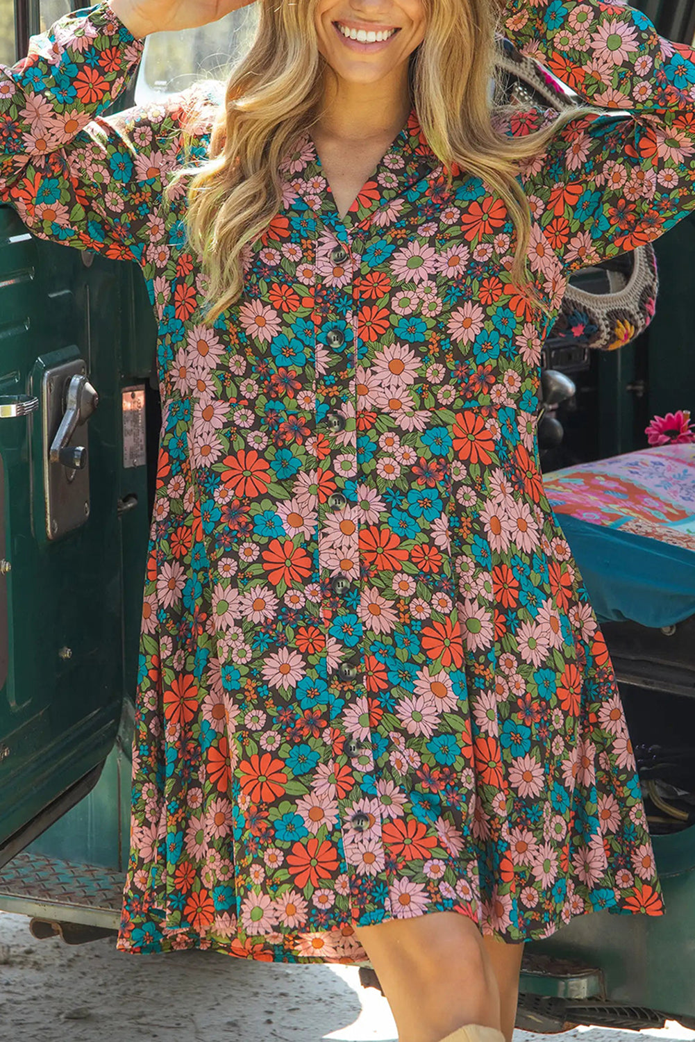 Multicolour Vibrant Floral Print Lapel Collar Button Closure Shirt Dress-yoyobikini