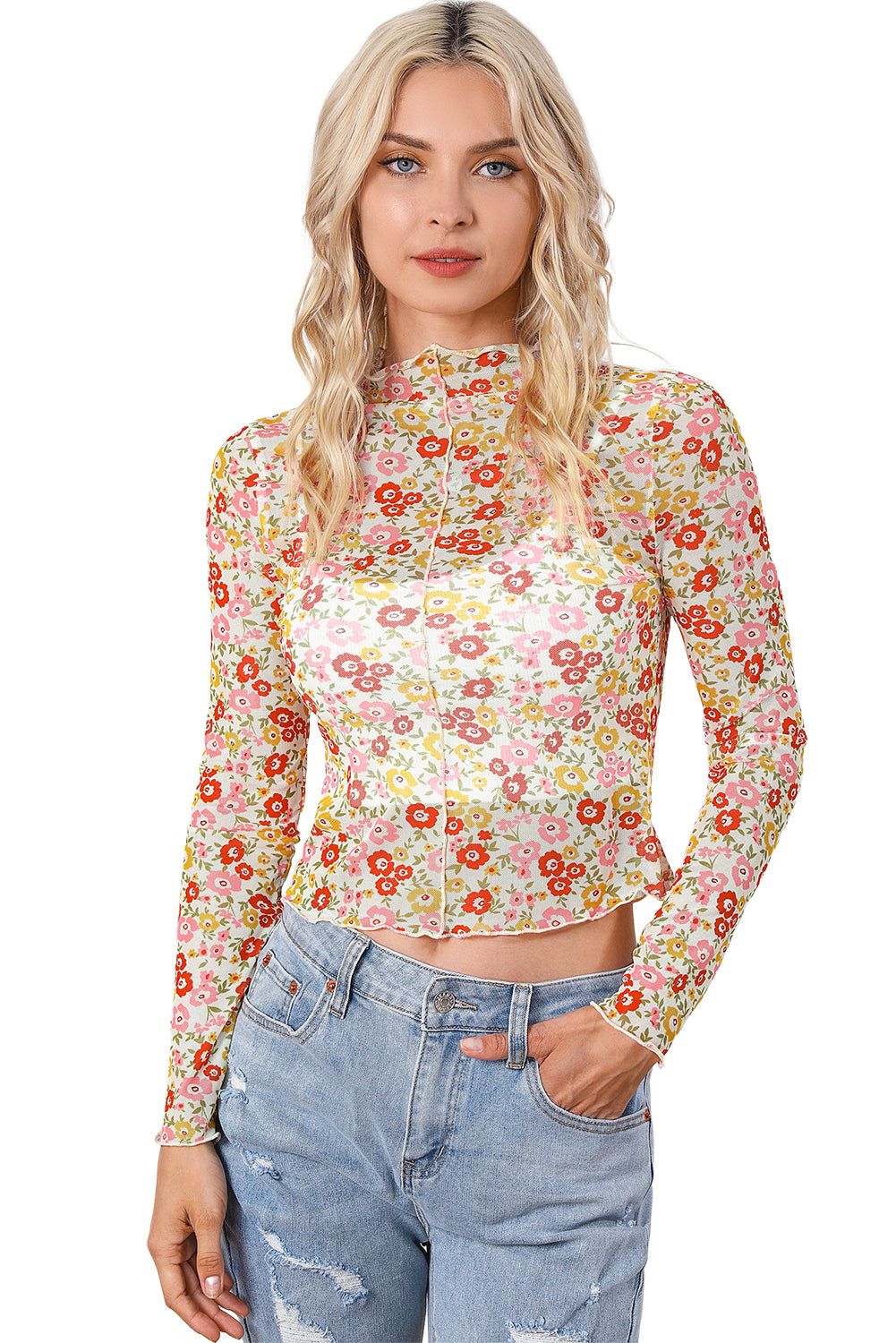 Multicolor Floral Lettuce Hem Long Sleeve Top-yoyobikini