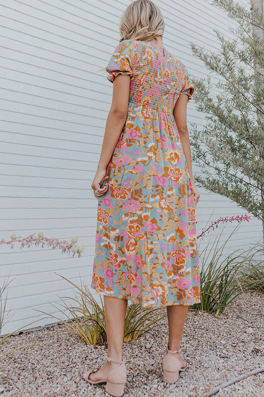 Sky Blue Floral Bubble Sleeve Smocked Flowy Ruffle Dress-yoyobikini