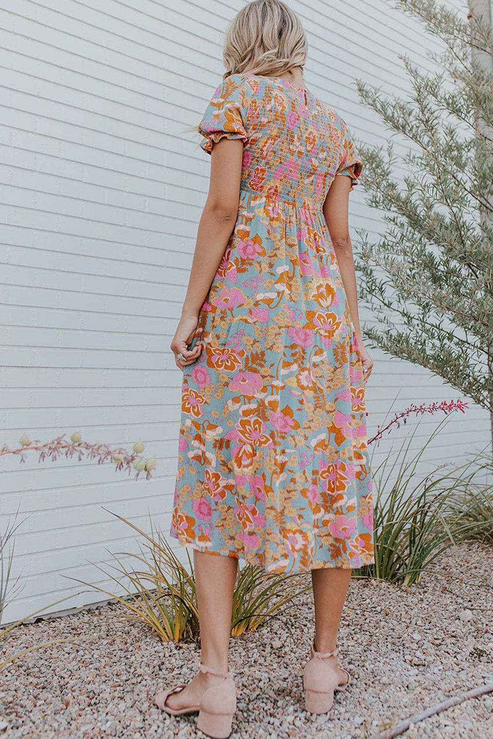 Sky Blue Floral Bubble Sleeve Smocked Flowy Ruffle Dress-yoyobikini