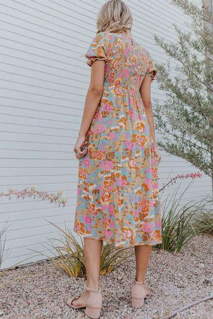 Sky Blue Floral Bubble Sleeve Smocked Flowy Ruffle Dress-yoyobikini