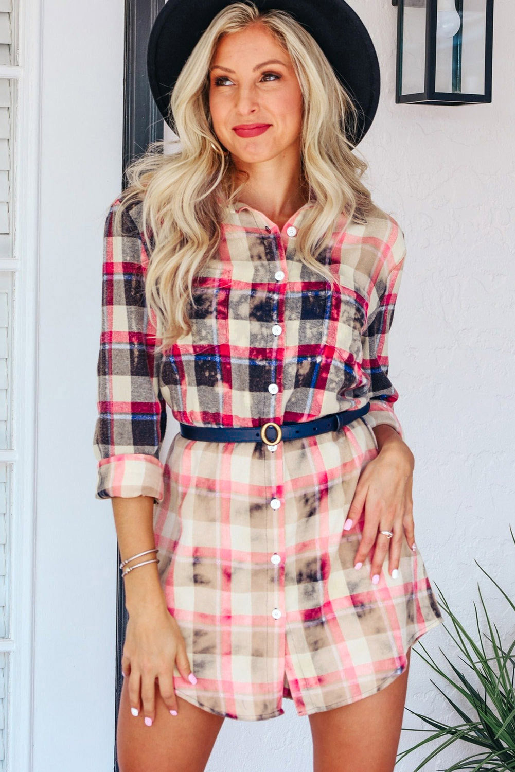 Red Gradient Plaid Print Shirt Short Dress-yoyobikini