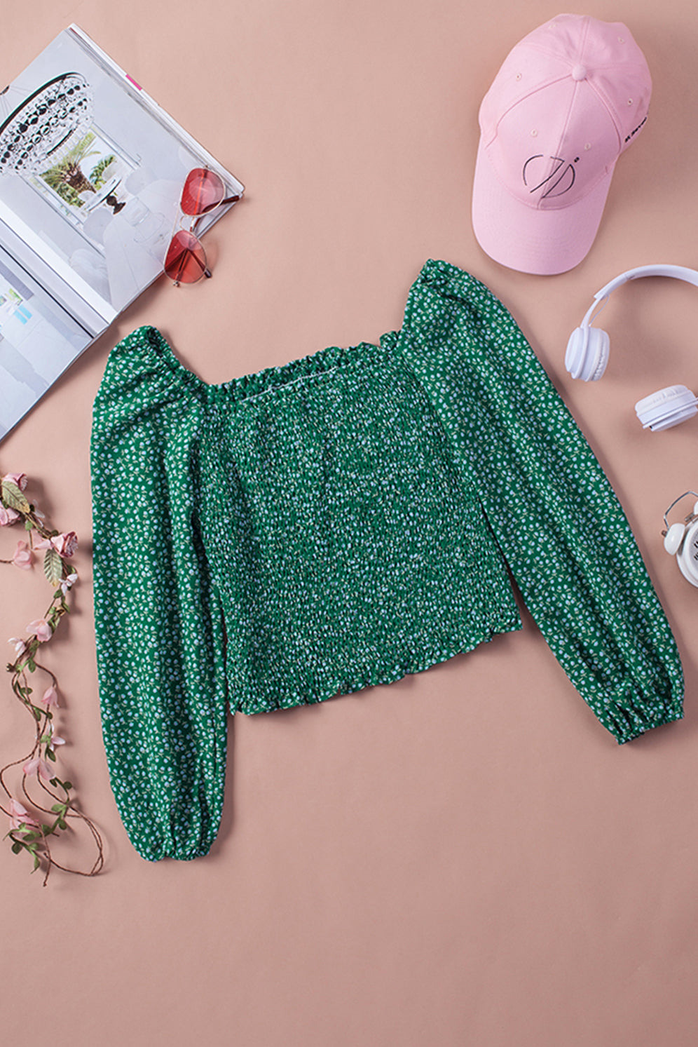 Green Square Neck Puff Sleeve Floral Smocked Top-yoyobikini
