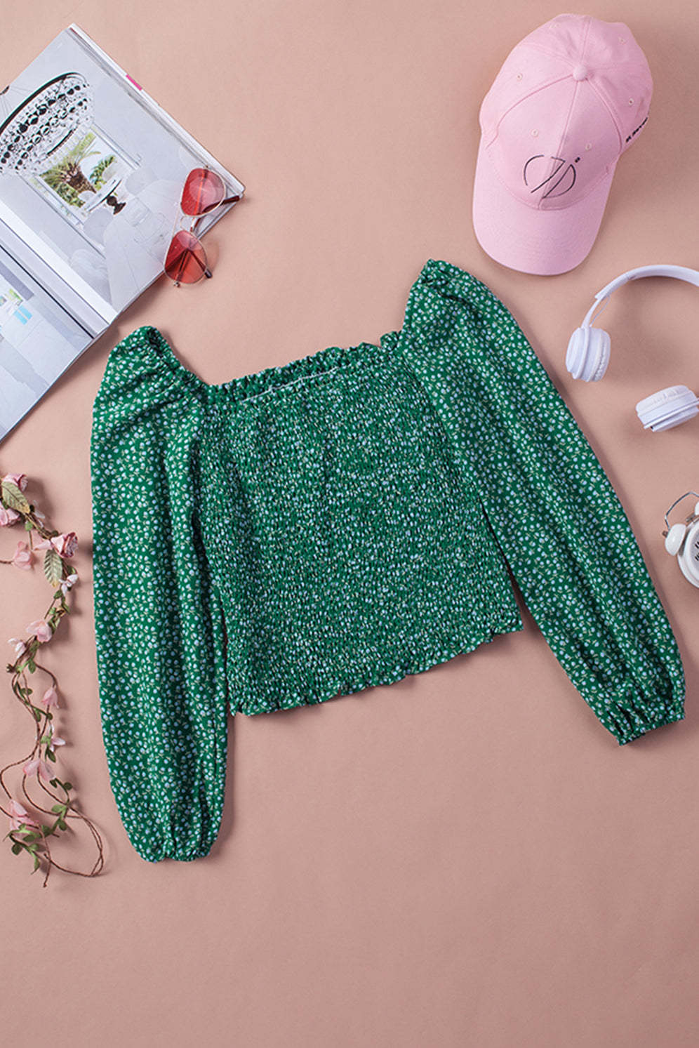 Green Square Neck Puff Sleeve Floral Smocked Top-yoyobikini