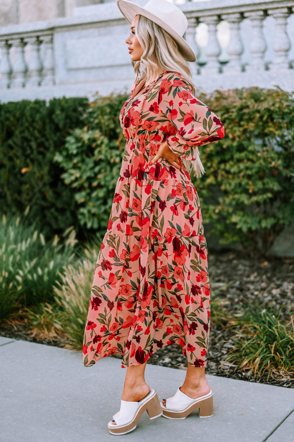Red Frilled Collar Long Sleeve Tiered Maxi Floral Dress-yoyobikini