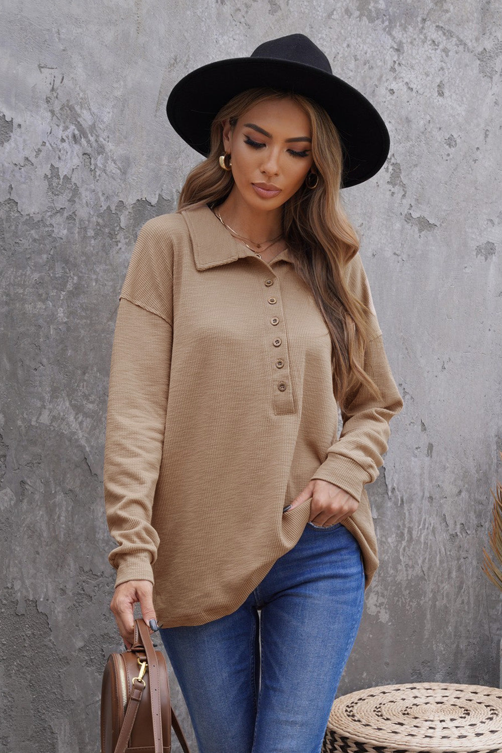 Khaki Button Front Turn-down Neck Knit Top-yoyobikini