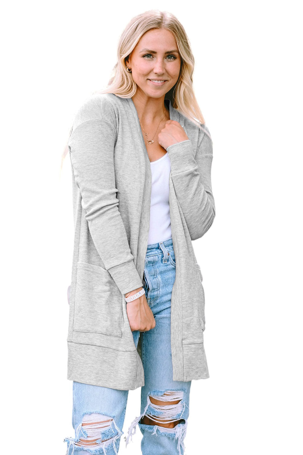 Light Gray Thermal Waffle Knit Pocketed Cardigan-yoyobikini