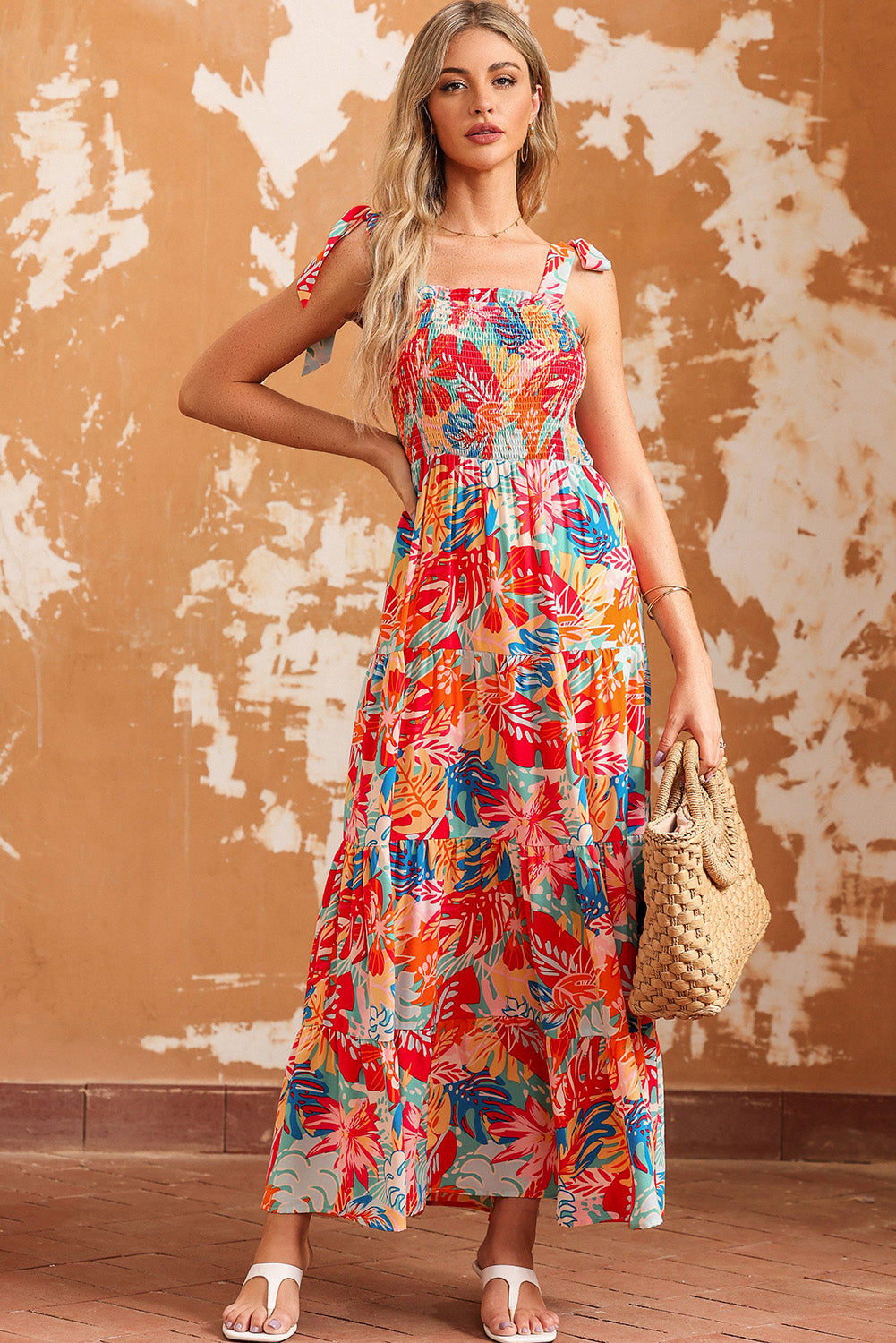 Multicolor Vibrant Tropical Print Smocked Ruffle Tiered Maxi Dress-yoyobikini
