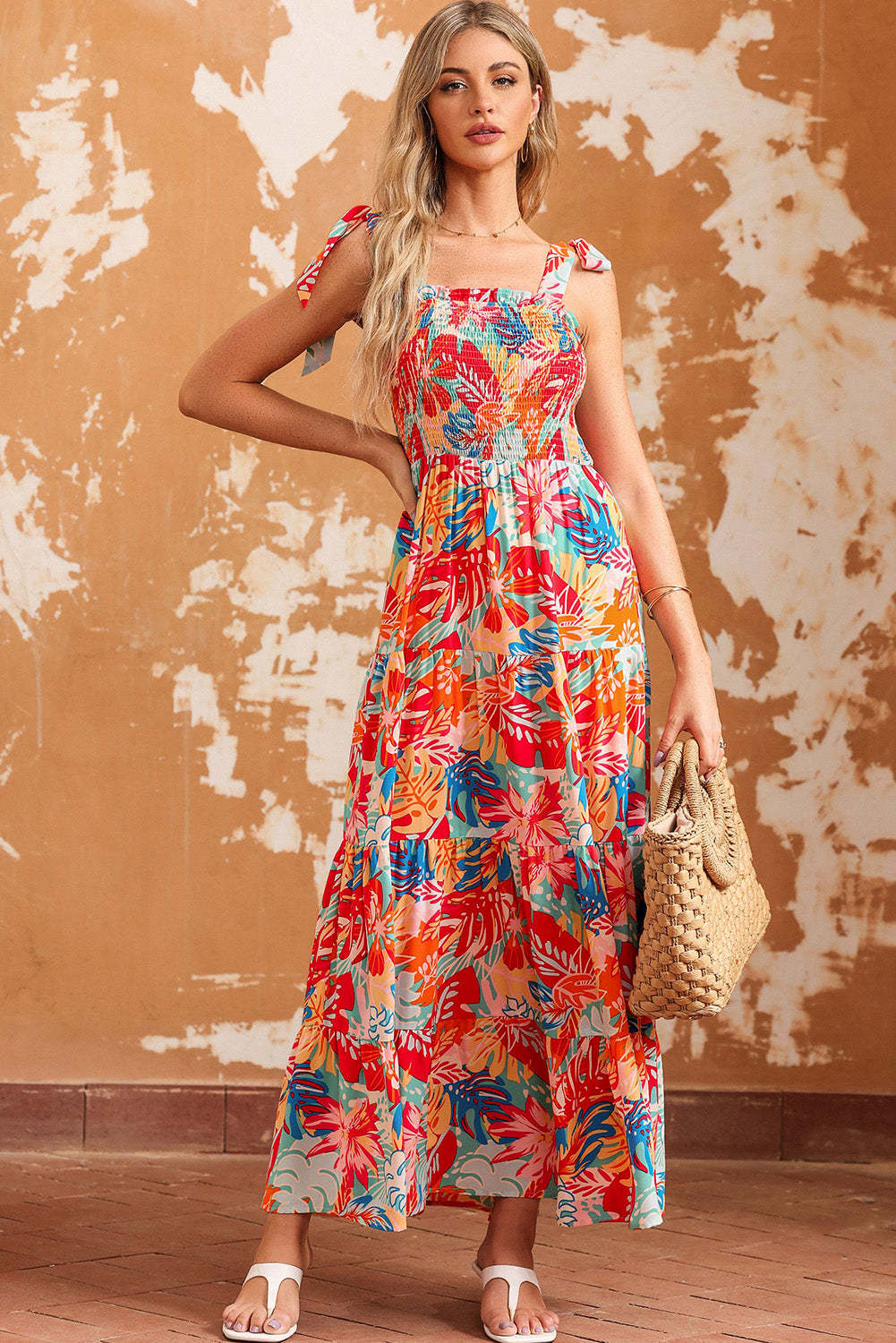 Multicolor Vibrant Tropical Print Smocked Ruffle Tiered Maxi Dress-yoyobikini
