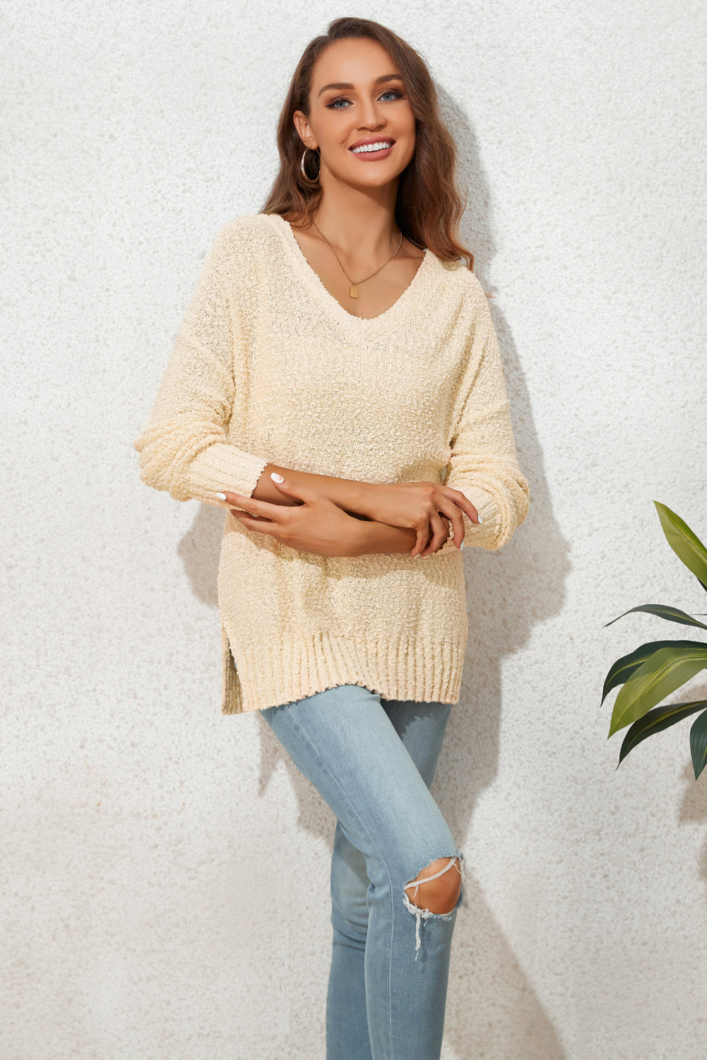 Beige Solid Fuzzy V-Neck Sweater-yoyobikini