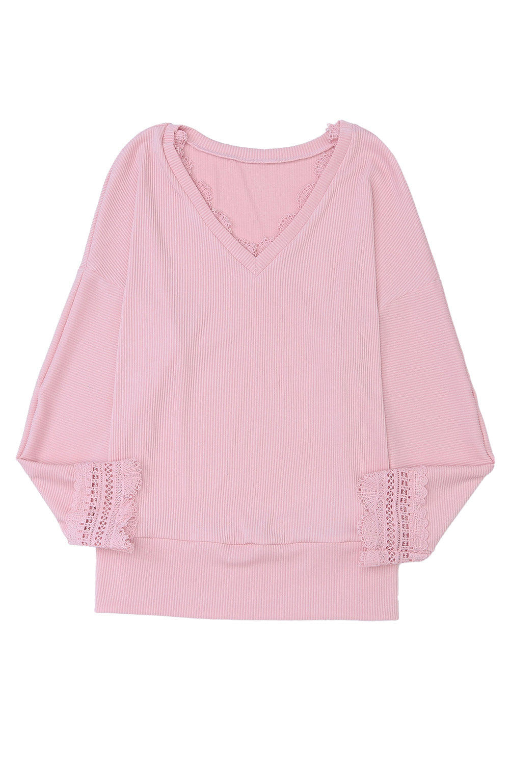 Pink Ribbed Texture Lace Trim V Neck Long Sleeve Top-yoyobikini