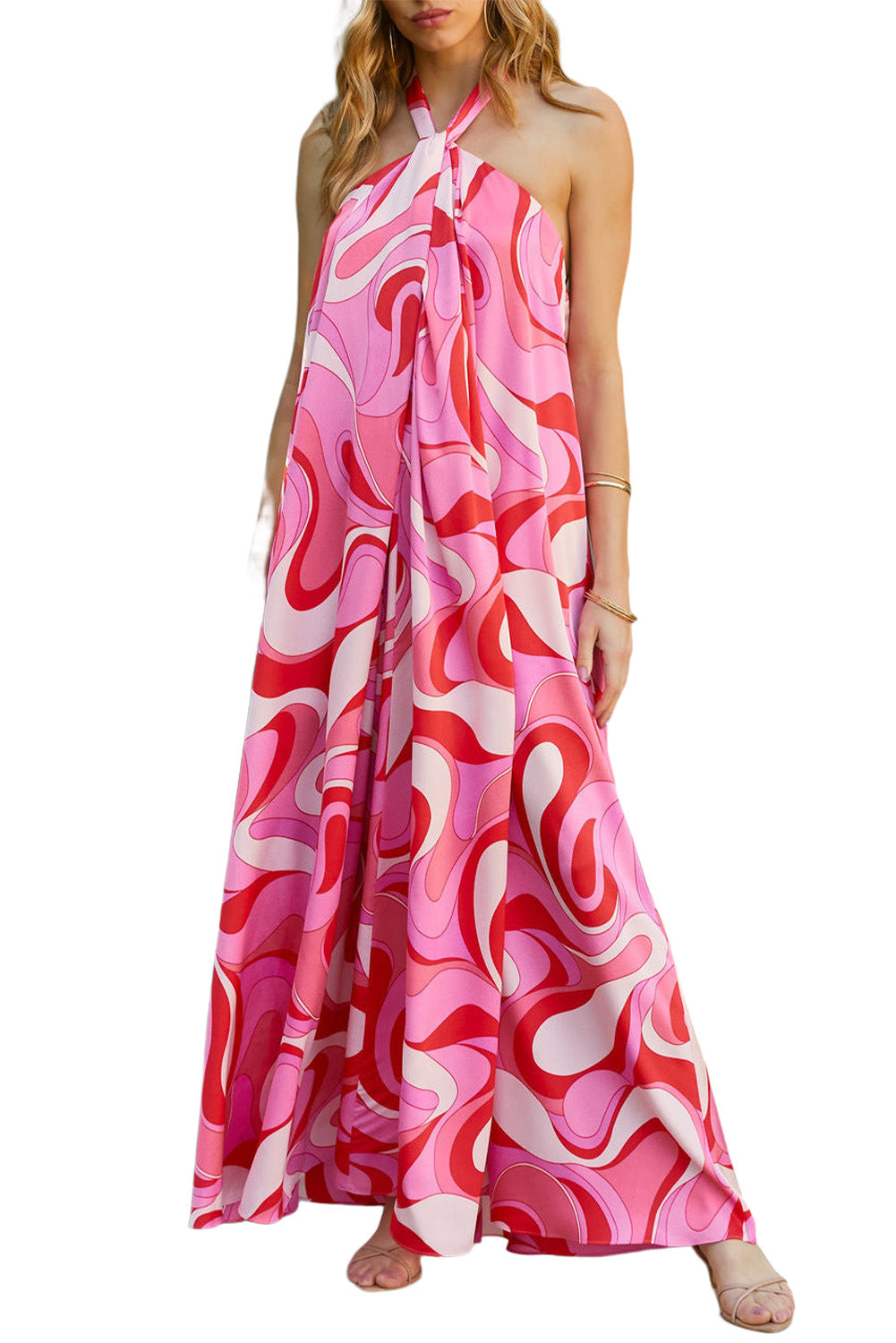 Pink Abstract Swirl Print Halter Maxi Dress-yoyobikini