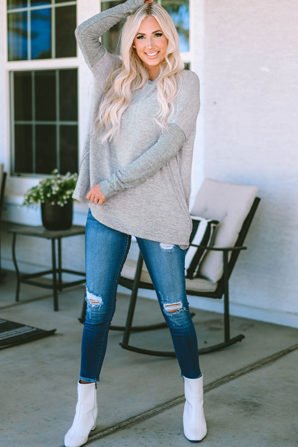 Gray Exposed Seam Patchwork Long Sleeve Top-yoyobikini