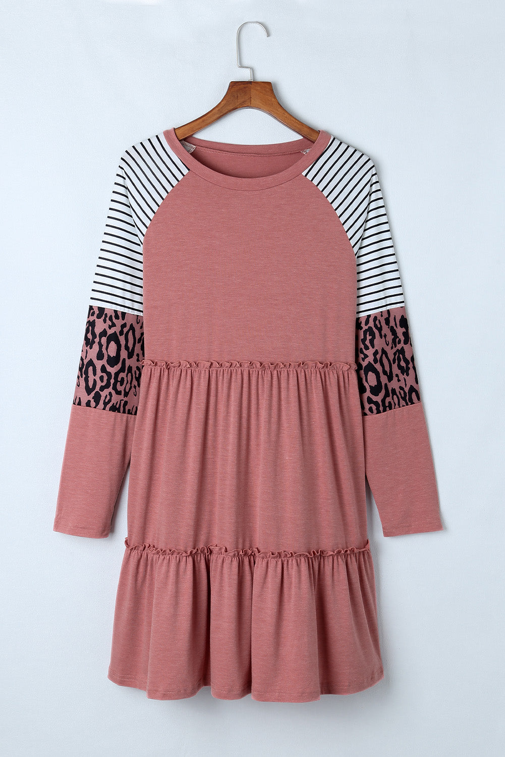 Pink Striped Leopard Patchwork Long Sleeve Mini Dress-yoyobikini