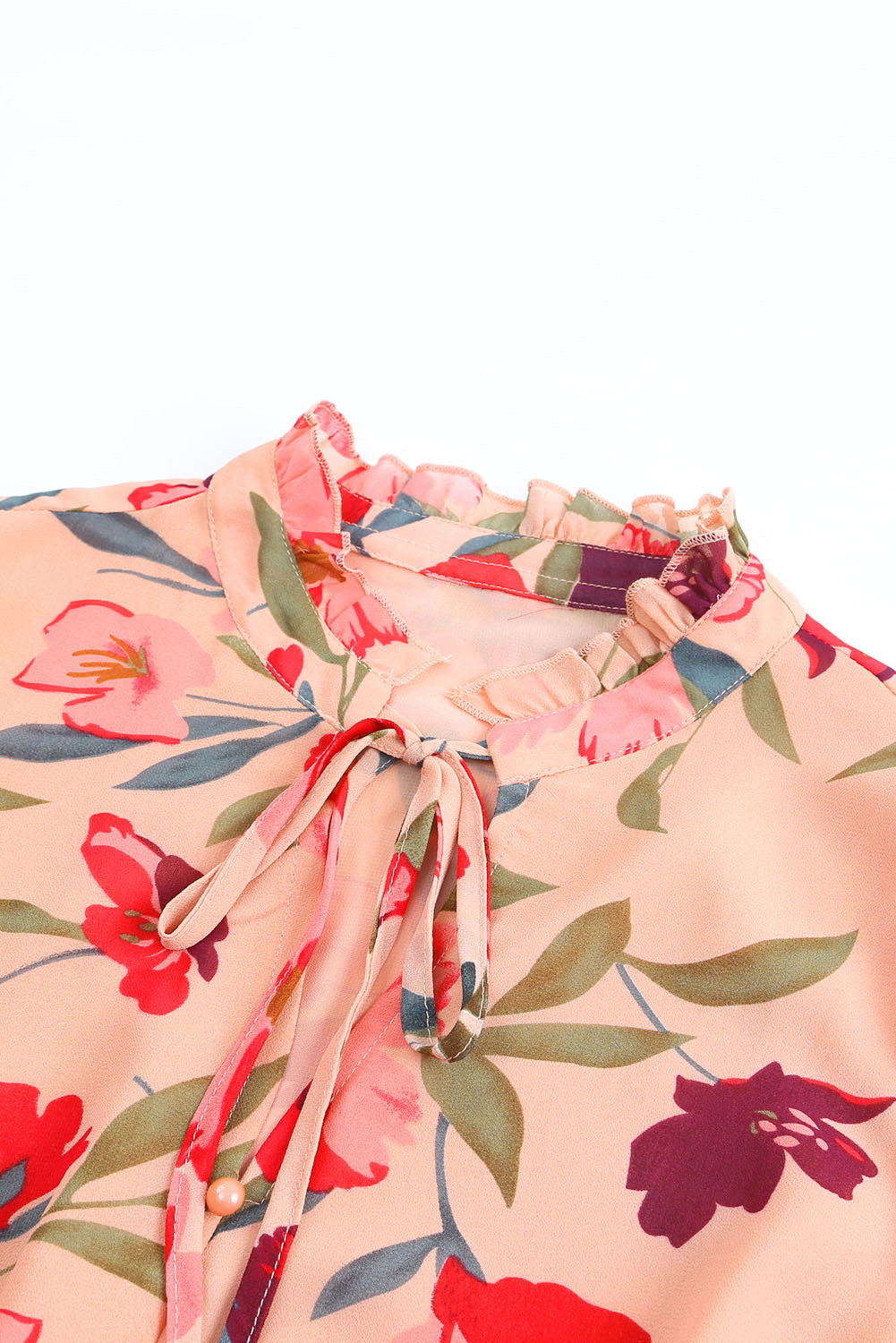 Red Frilled Collar Long Sleeve Floral Dress with Ruffle-yoyobikini