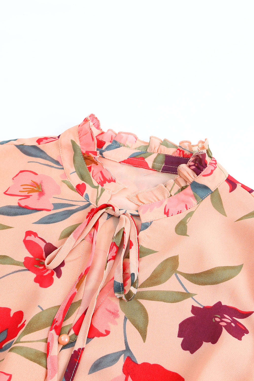 Red Frilled Collar Long Sleeve Floral Dress with Ruffle-yoyobikini