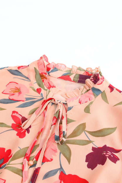 Red Frilled Collar Long Sleeve Floral Dress with Ruffle-yoyobikini