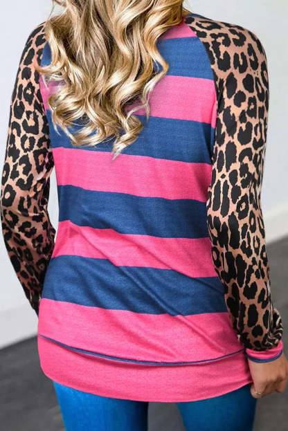 Rose Leopard Striped Patchwork Long Sleeve Top-yoyobikini