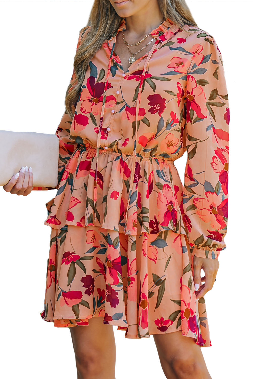 Red Frilled Collar Long Sleeve Floral Dress with Ruffle-yoyobikini