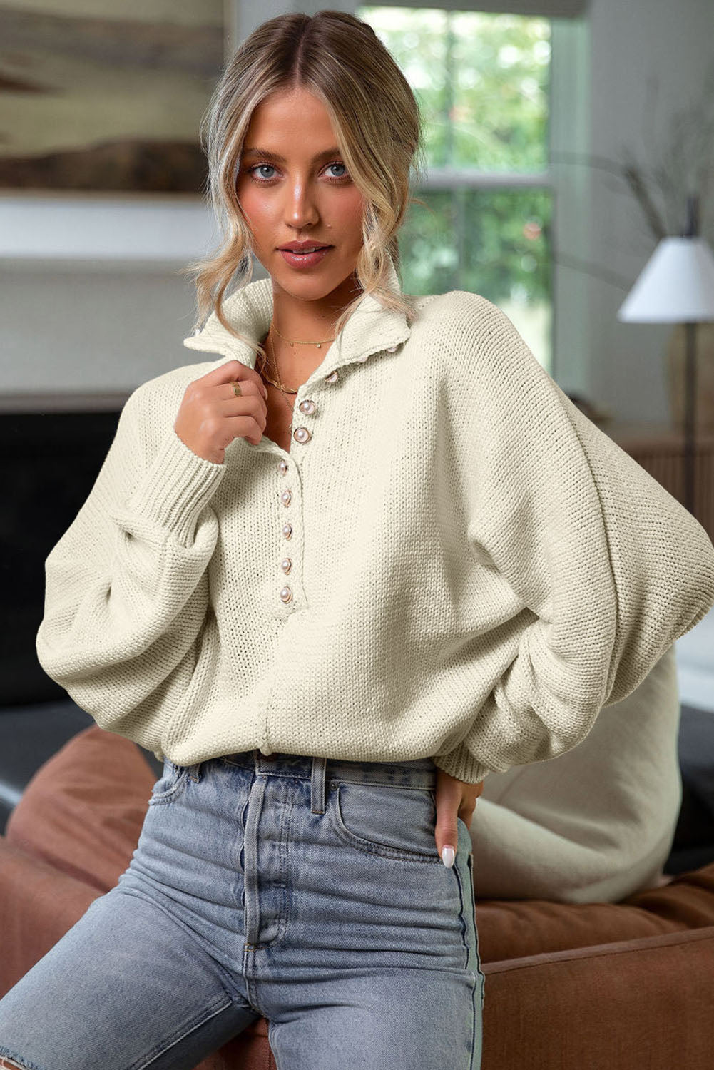 Beige Pearl Button Stand Collar Dolman Sleeve Sweater-yoyobikini