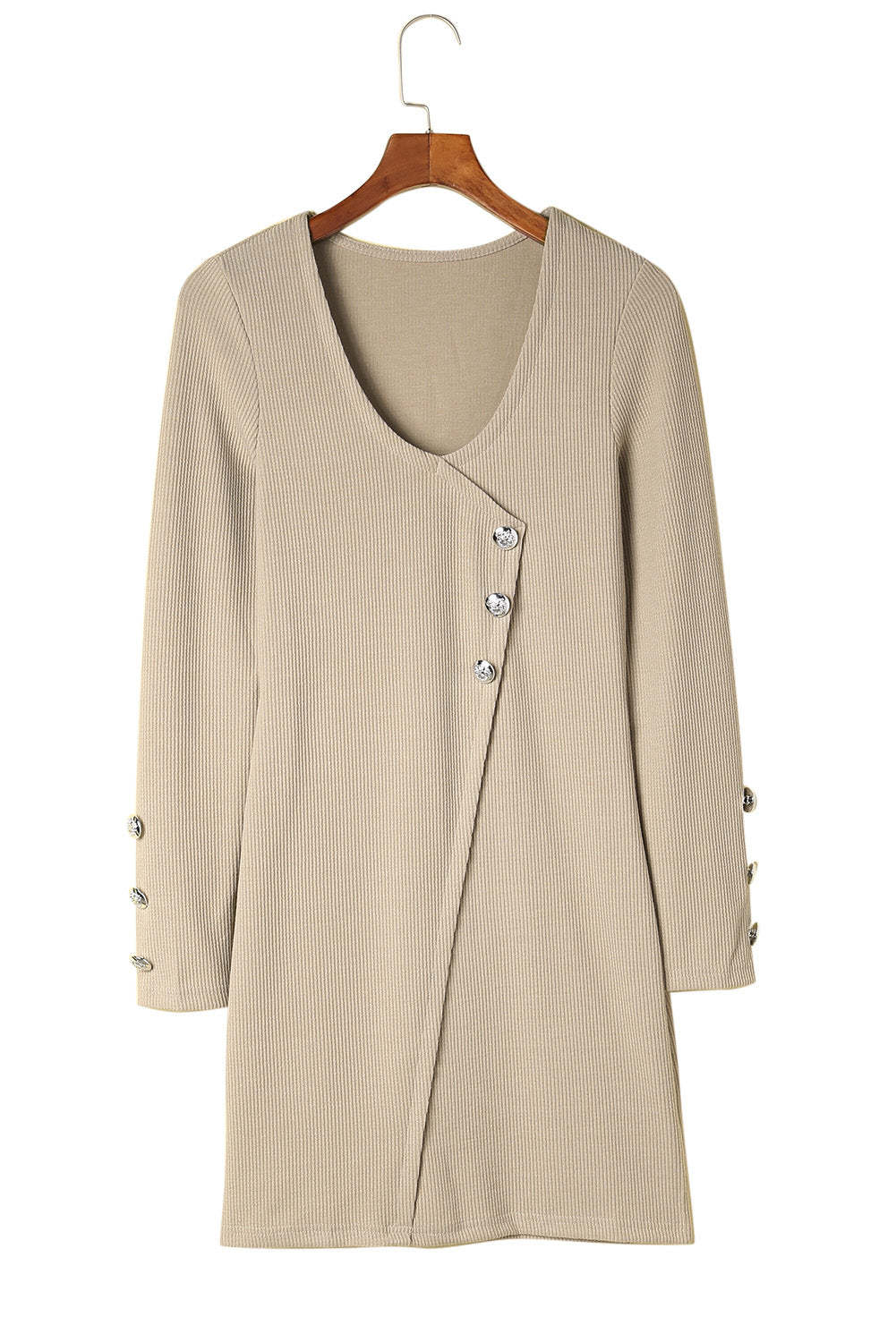 Apricot Buttons Long Sleeve Knitted Bodycon Dress-yoyobikini