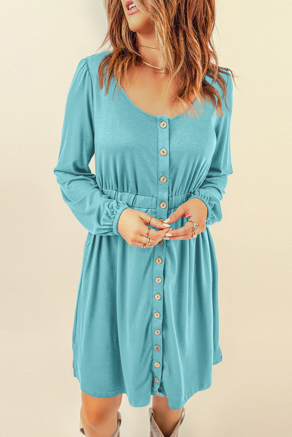 Sky Blue Button Up High Waist Long Sleeve Dress-yoyobikini