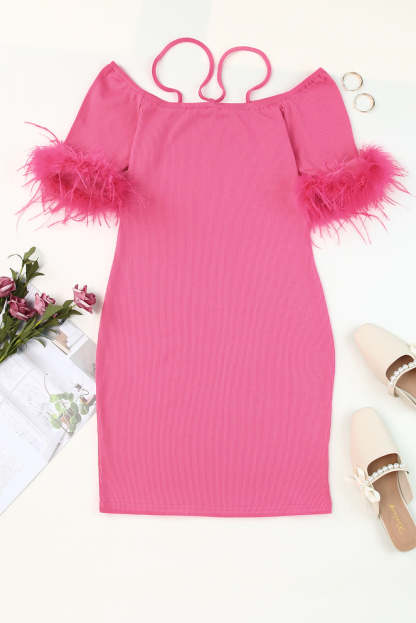 Rose Ribbed Off Shoulder Feather Cuff Bodycon Dress-yoyobikini
