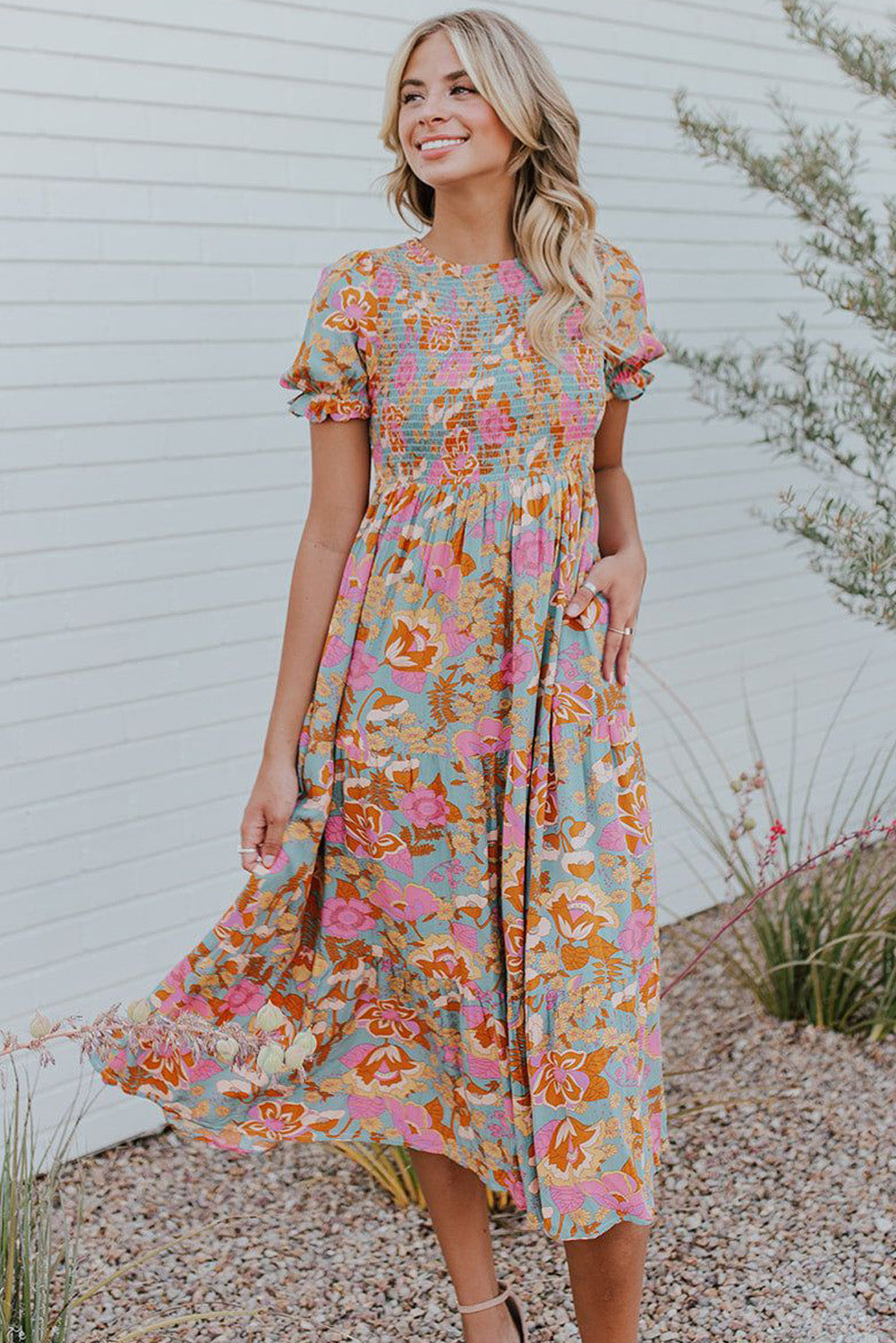 Sky Blue Floral Bubble Sleeve Smocked Flowy Ruffle Dress-yoyobikini