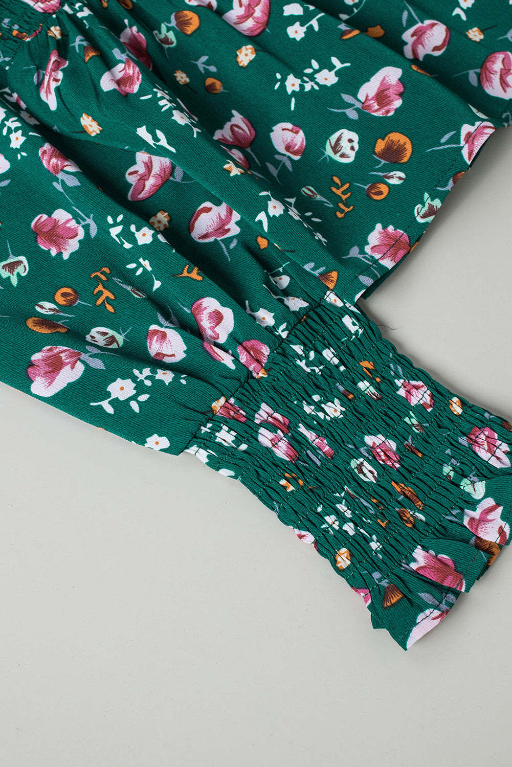 Floral Print Smocked Lace-up Square Neck Long Sleeve Top-yoyobikini