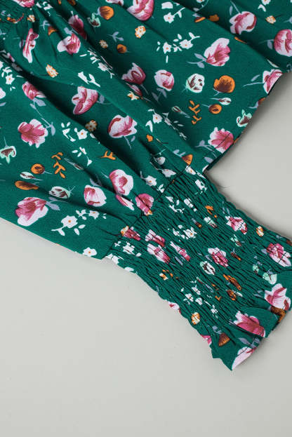 Floral Print Smocked Lace-up Square Neck Long Sleeve Top-yoyobikini