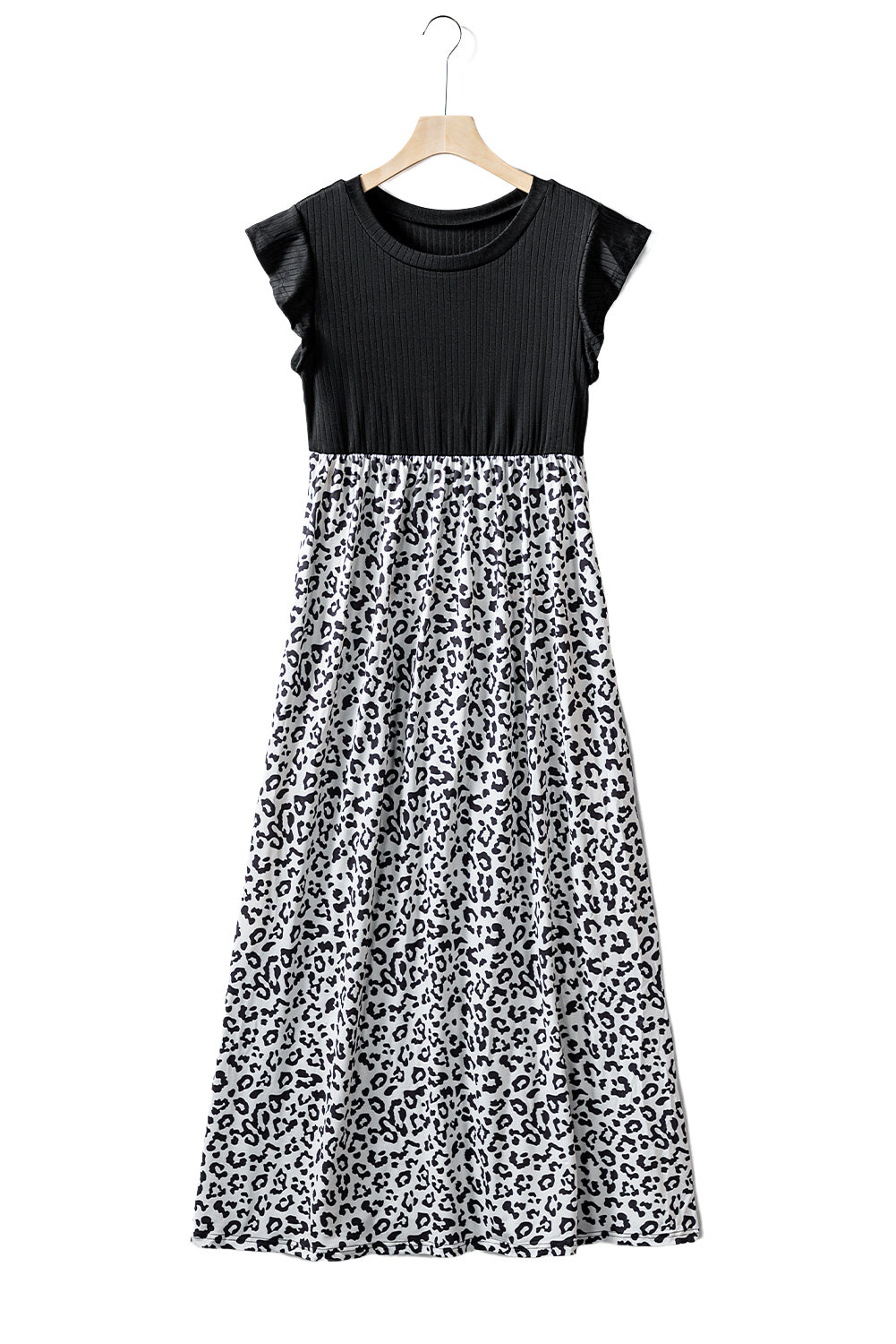 Black Leopard Patchwork Ribbed Maxi Dress with Pockets-yoyobikini
