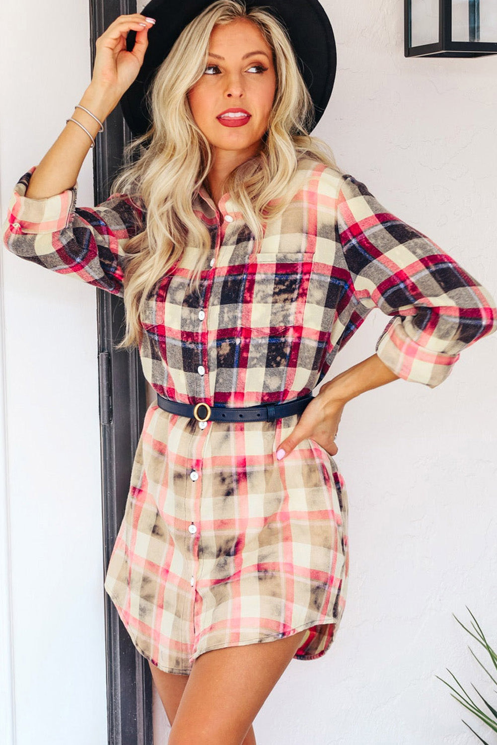 Red Gradient Plaid Print Shirt Short Dress-yoyobikini