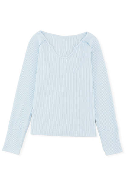 Sky Blue Mineral Wash Long Sleeve V-Neck Top-yoyobikini