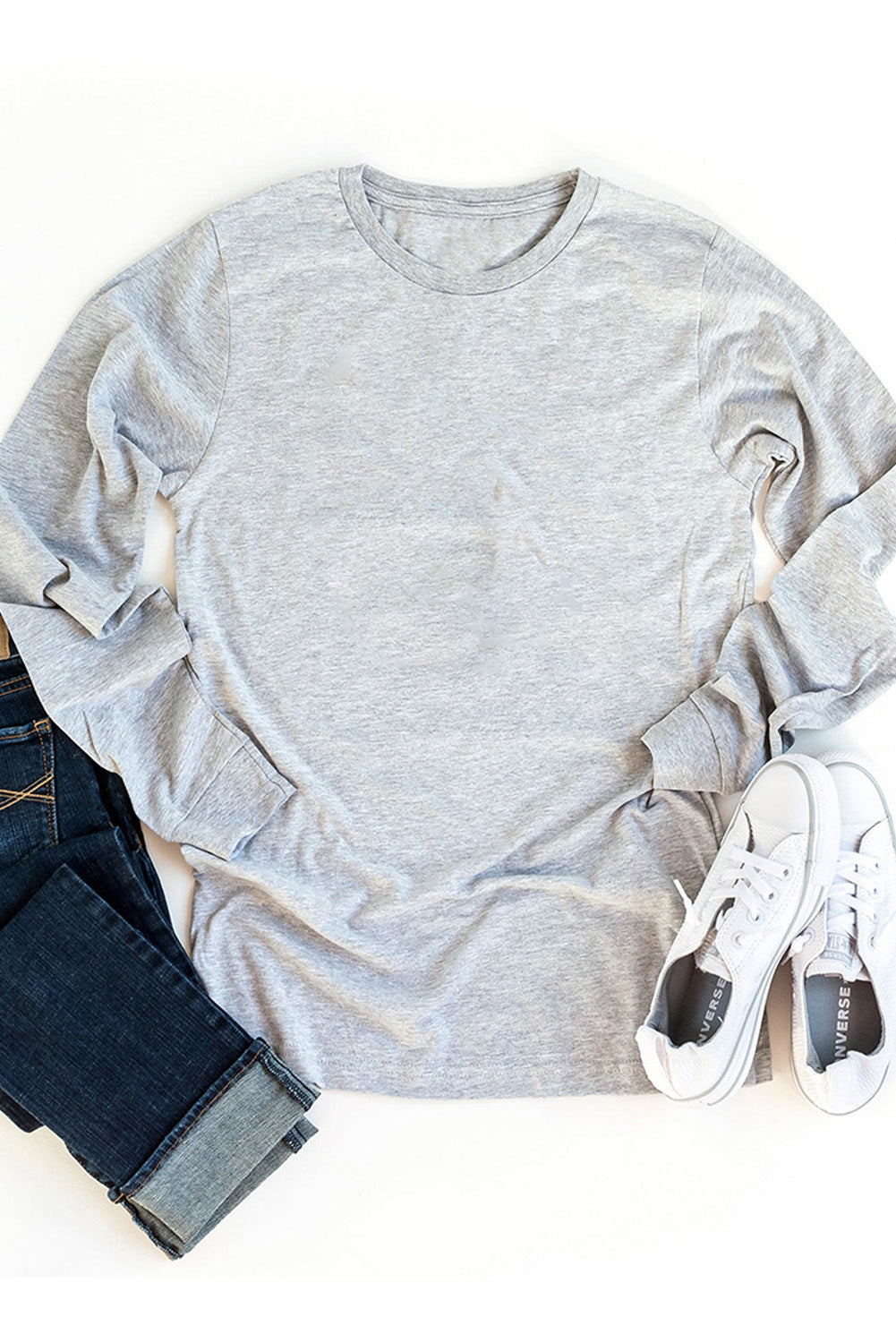 Gray Plain Crew Neck Long Sleeve Top-yoyobikini
