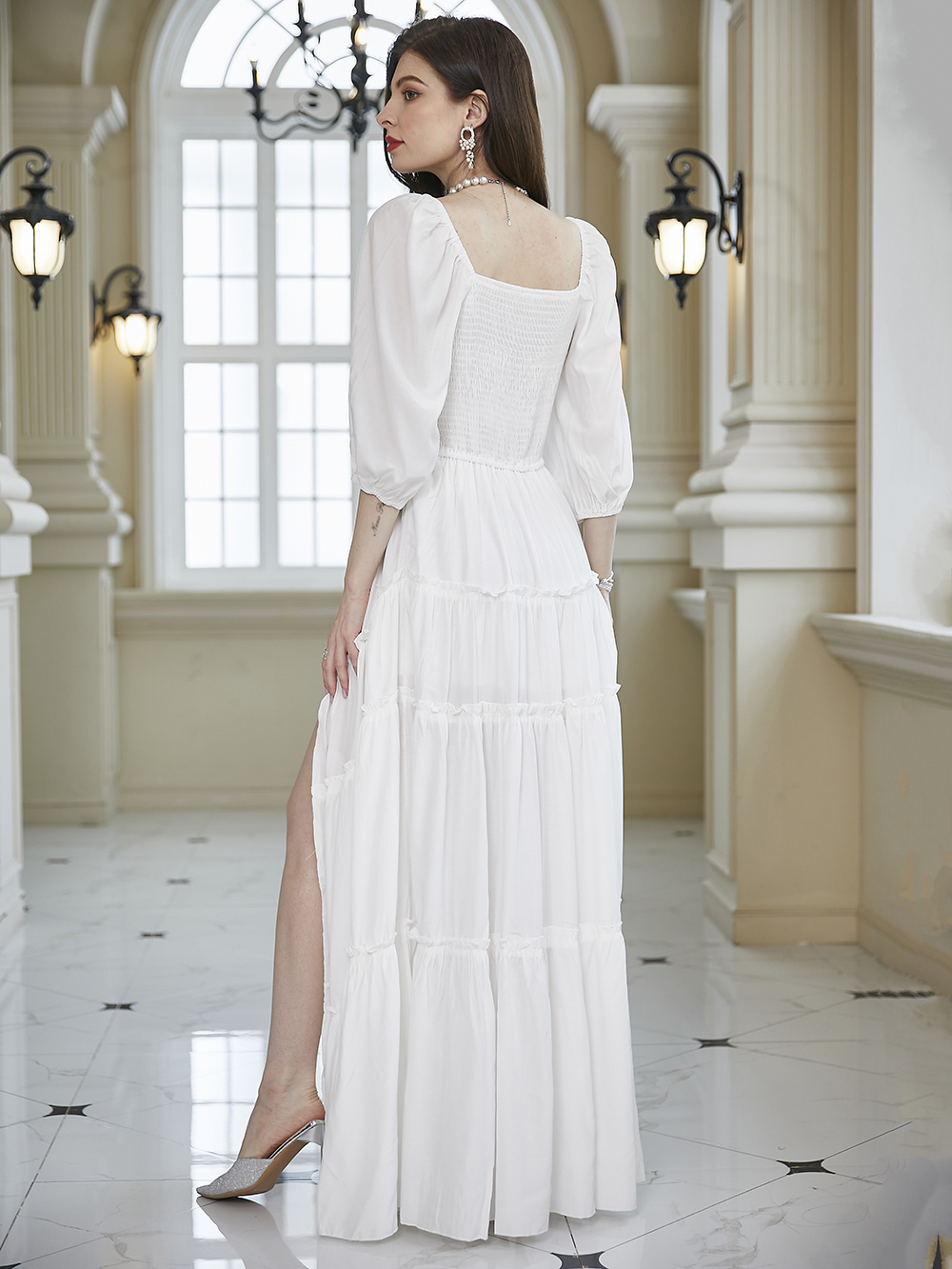 Party Dress V-Neck 3/4 Length Sleeves Backless Pleated Maxi Dress
