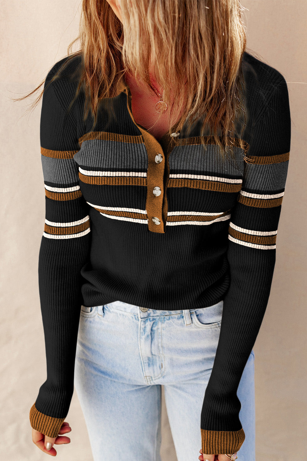 Black Rib Knitted Stripe Detail Henley Sweater-yoyobikini
